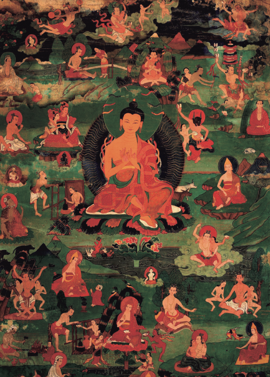 30 de los 84 mahāsiddhas, como se les conoce a cierto tipo de yoguis en la doctrina del tantra. En el centro está Nāgārjuna.