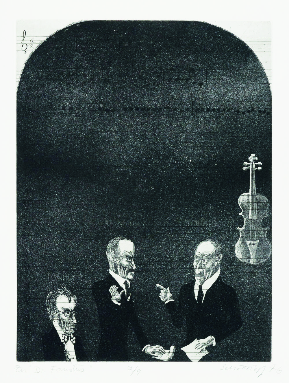Dr. Faustus, aguafuerte de Günter Schöllkopf (1974). Están representados, de izquierda a derecha: Gustav Mahler, Thomas Mann y Arnold Schönberg.