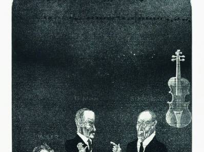 Dr. Faustus, aguafuerte de Günter Schöllkopf (1974). Están representados, de izquierda a derecha: Gustav Mahler, Thomas Mann y Arnold Schönberg.